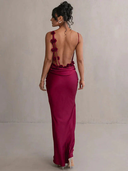 Veraïa – Satin maxi dress with floral appliqués
