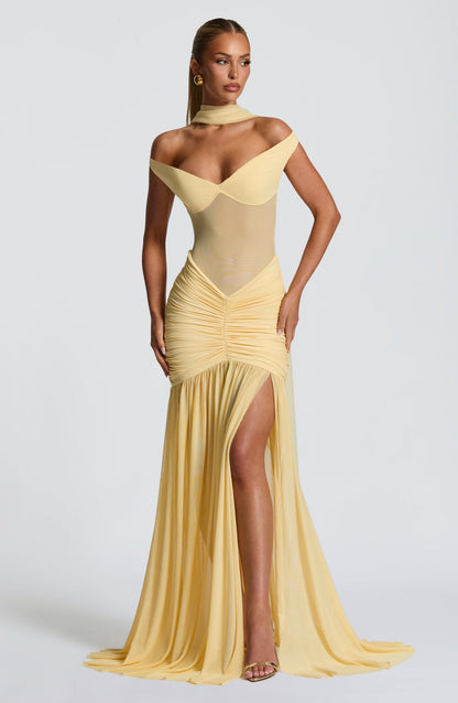 Sylarine – Bardot dress with sheer details and a slit
