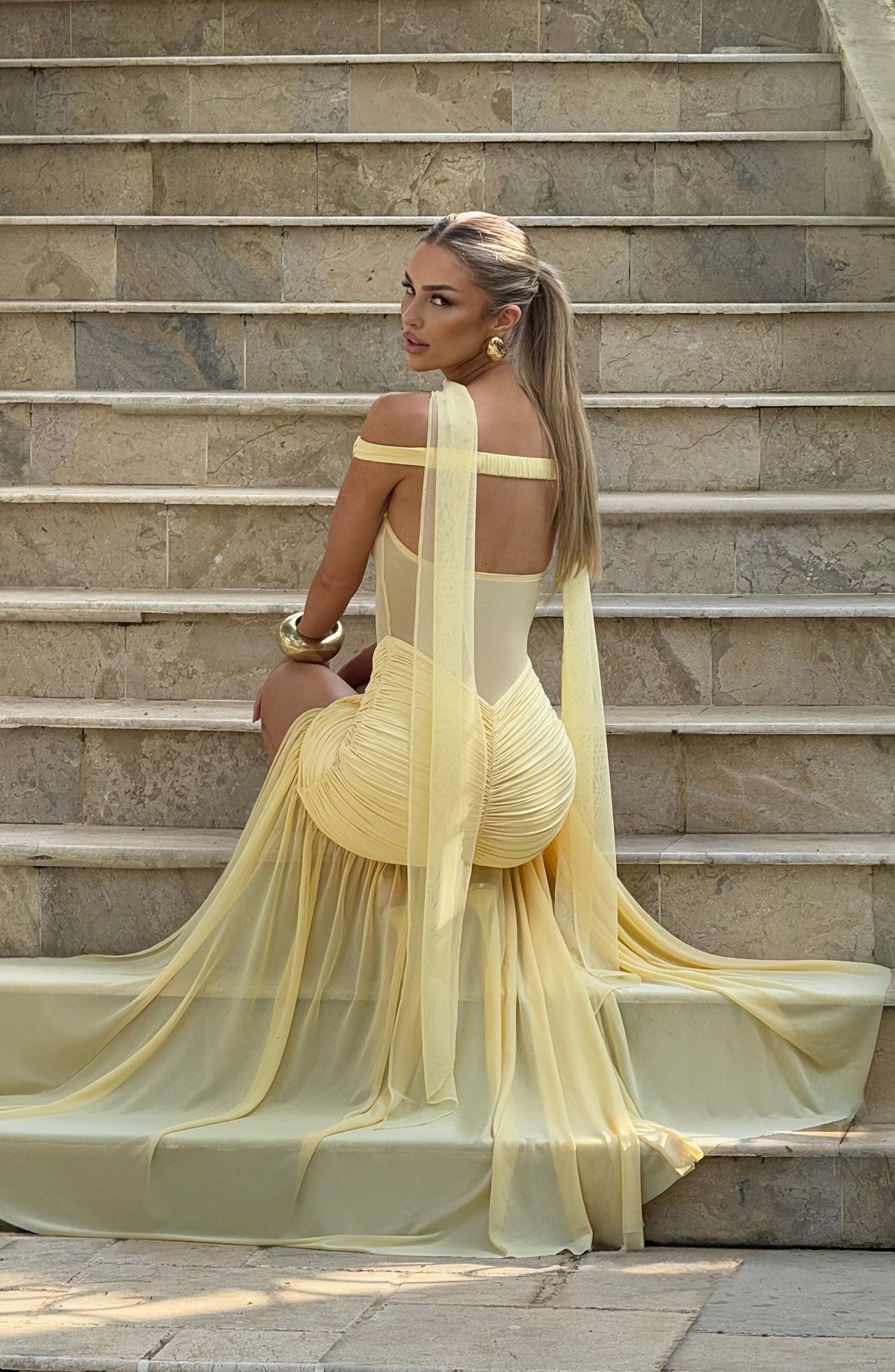 Sylarine – Bardot dress with sheer details and a slit