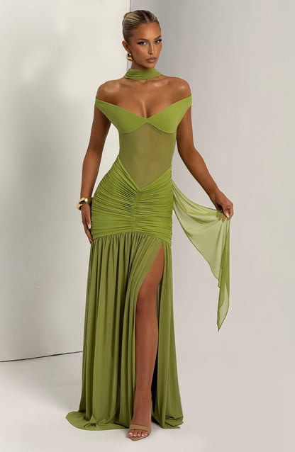 Sylarine – Bardot dress with sheer details and a slit